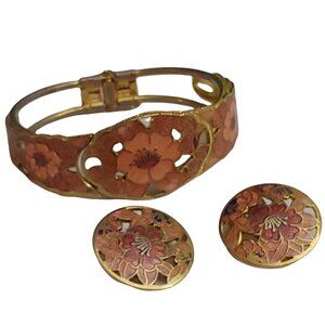 Cloisonne Clip on Earrings Bracelet Set Pink Peach Floral Gold Tone Vintage